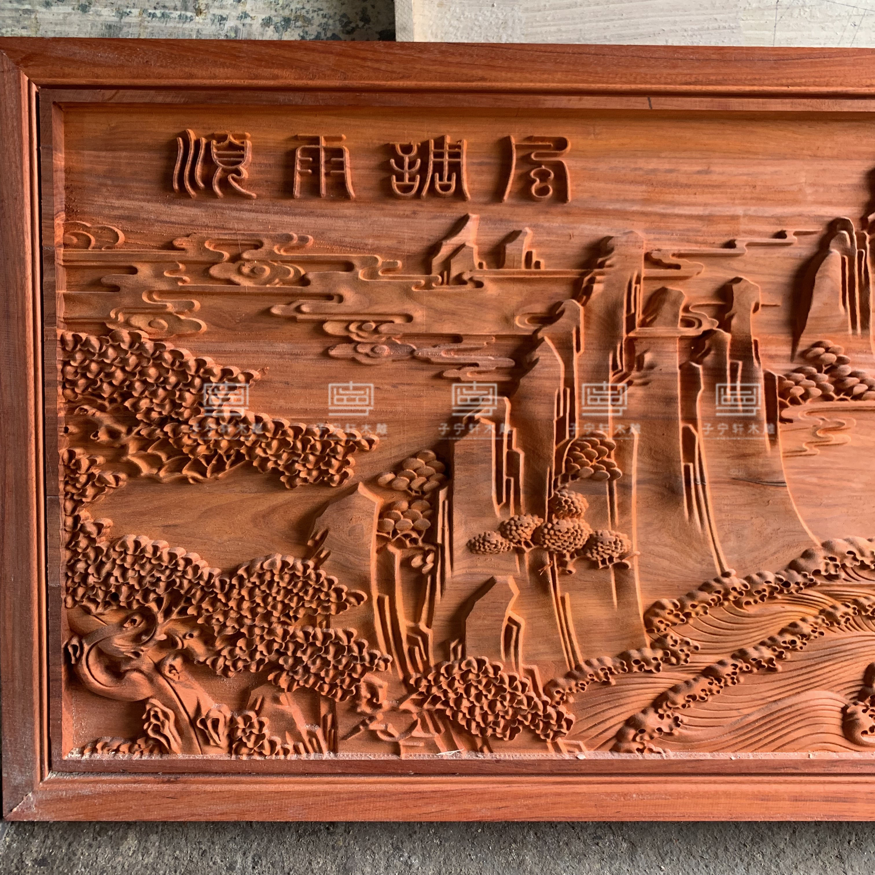 东阳木雕红花花梨山水画手工雕刻客厅卧室背景墙木雕