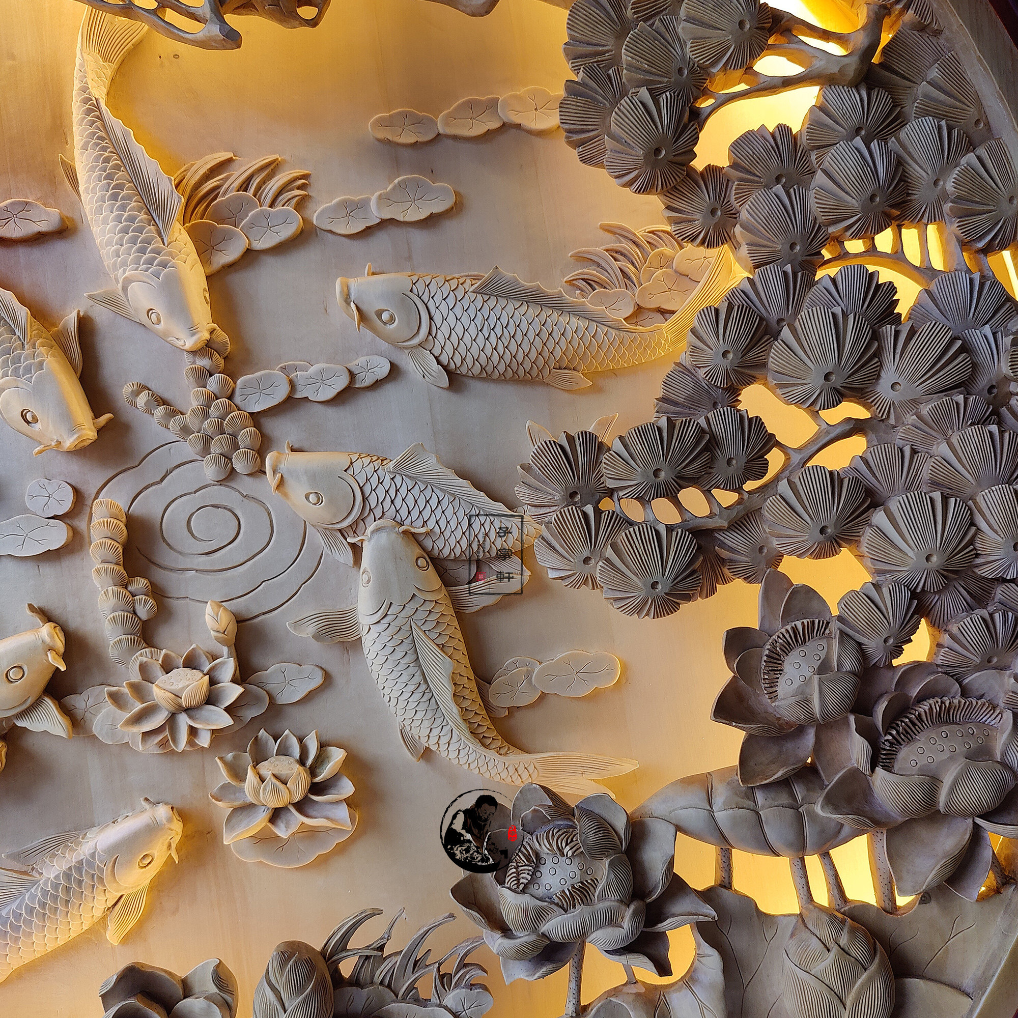 东阳木雕手工雕刻九鱼双层圆盘玄关挂件富贵木雕