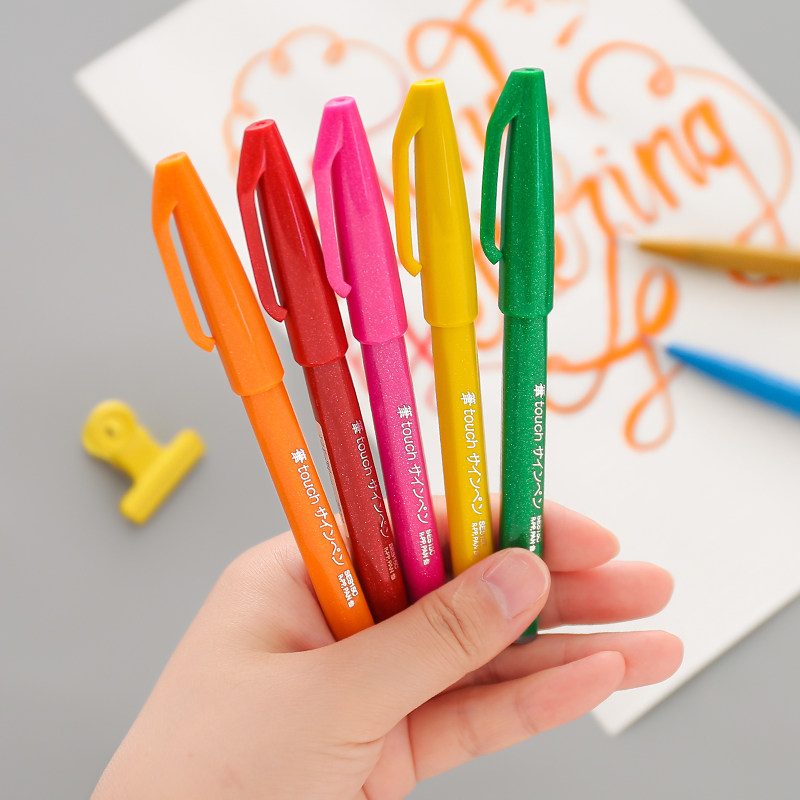 日本派通touch彩色软毛笔brush学生手账软头水彩秀丽笔练字水性笔