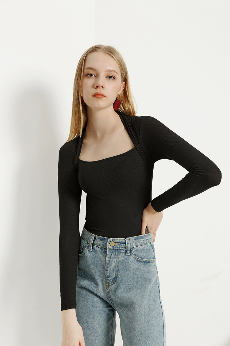 复古赫本优雅挂脖大方领长袖修身针织打底衫t恤女挂脖小心机上衣