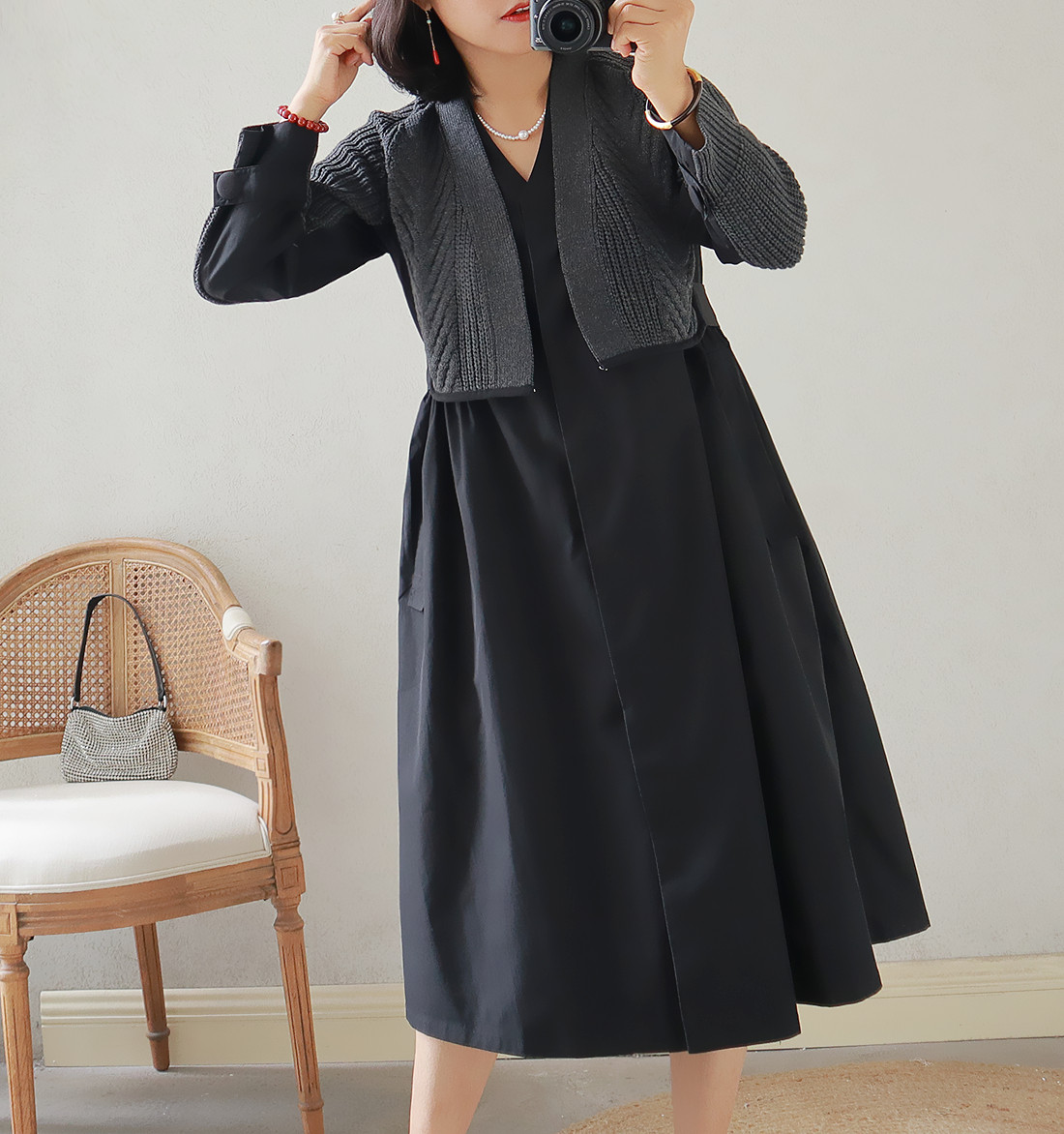 优雅连衣裙二件坎肩淑女大气设计秋冬季外套连衣裙