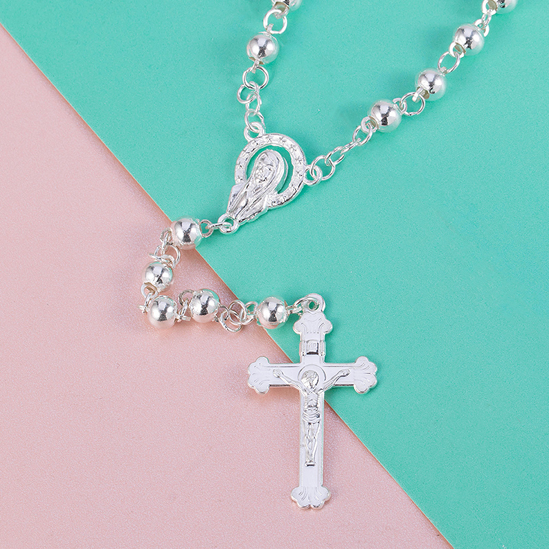 纯银项链女十字架玫瑰经念珠手串银项链长毛衣链圣母圣物