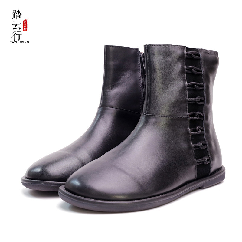 秋冬踏云云行短筒女靴子新款真皮复古黑色手工弹力靴