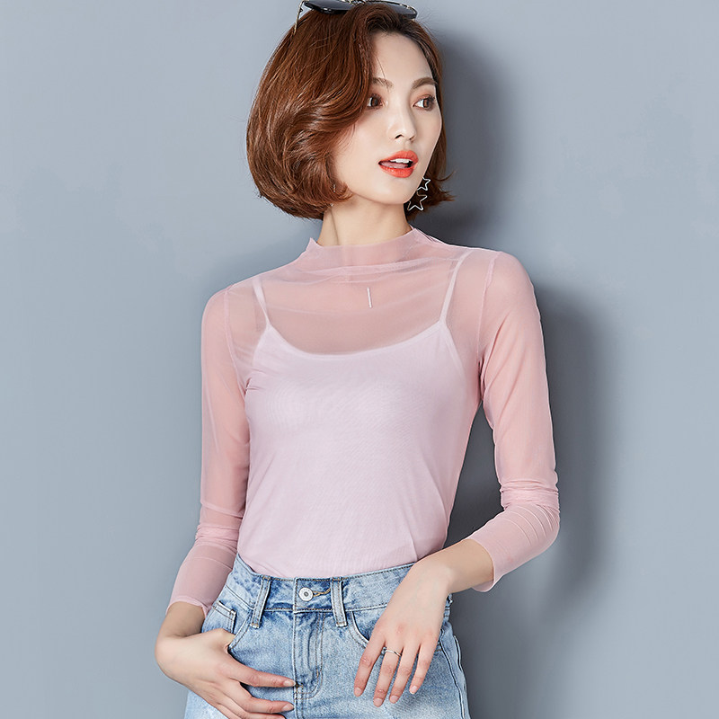 性感单层透视高领网纱打底衫女透明黑色长袖内搭蕾丝t恤上衣薄款