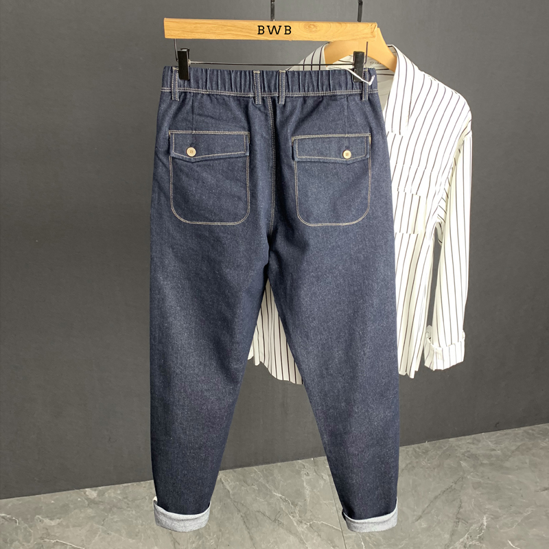 深蓝色牛仔裤男宽松直筒秋季哈伦长裤春秋潮流秋冬款加绒休闲裤子