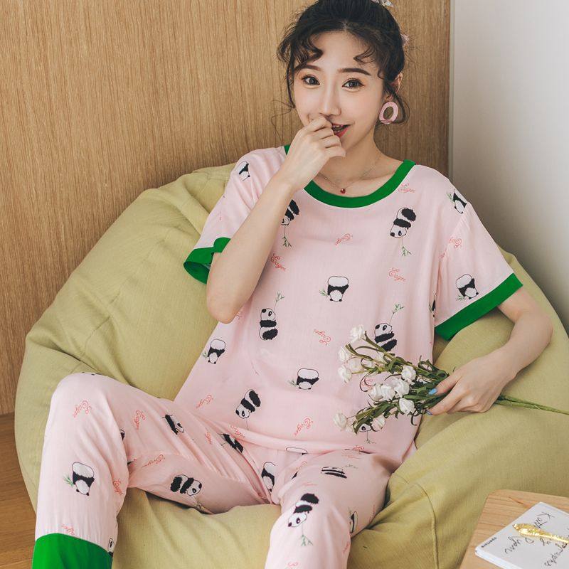 熊猫睡衣夏天棉绸短袖长裤套头家居服休闲外穿人睡衣