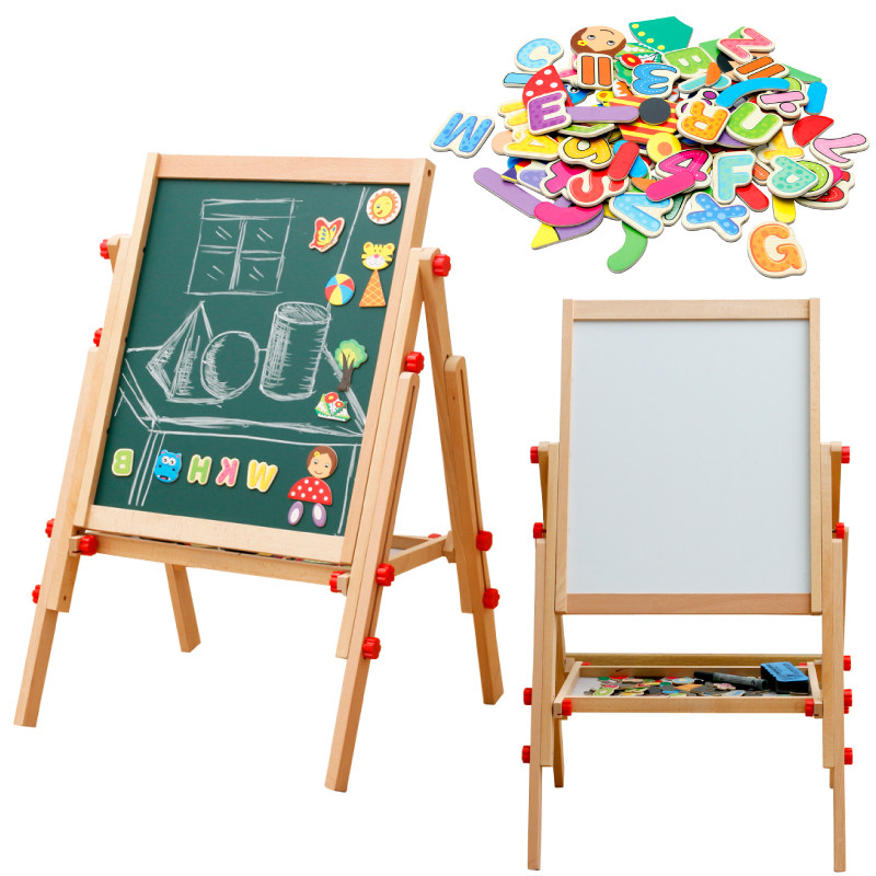 木丸子榉木精品工艺支架式升降磁性双面大号黑板画板儿童学习玩具