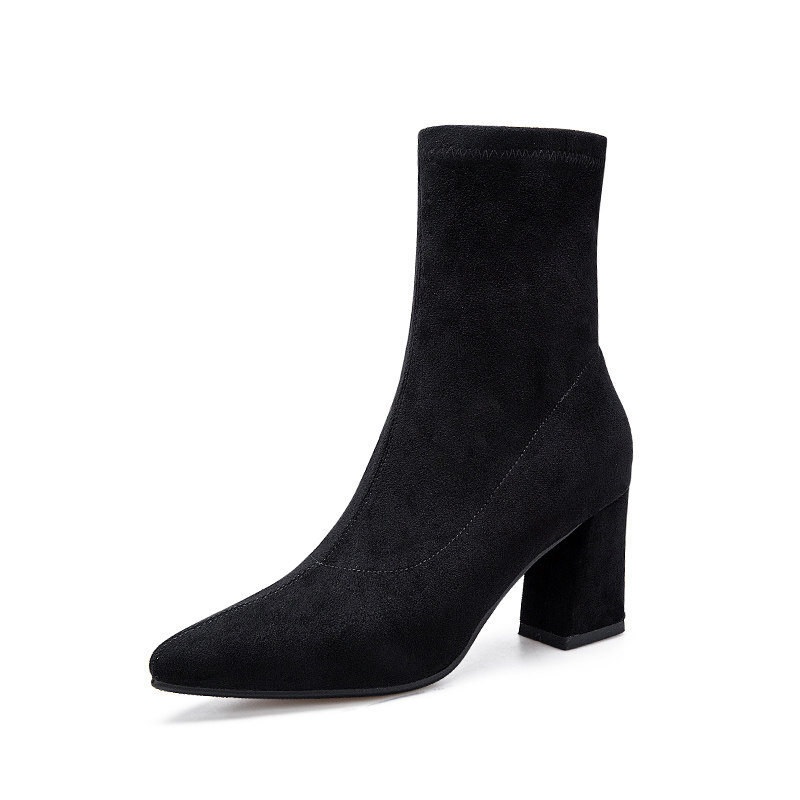 阿么黑色绒面弹力靴2020年秋冬新款ins网红瘦瘦靴女中筒粗跟短靴