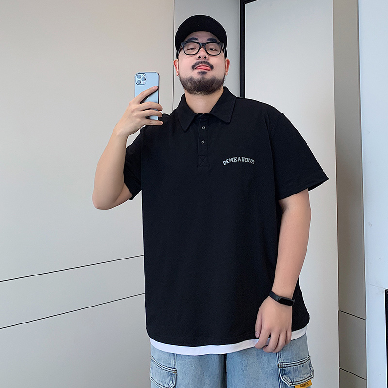 呆呆大码男装工作室假两件胖子加肥加大宽松翻领短袖T恤polo衫夏