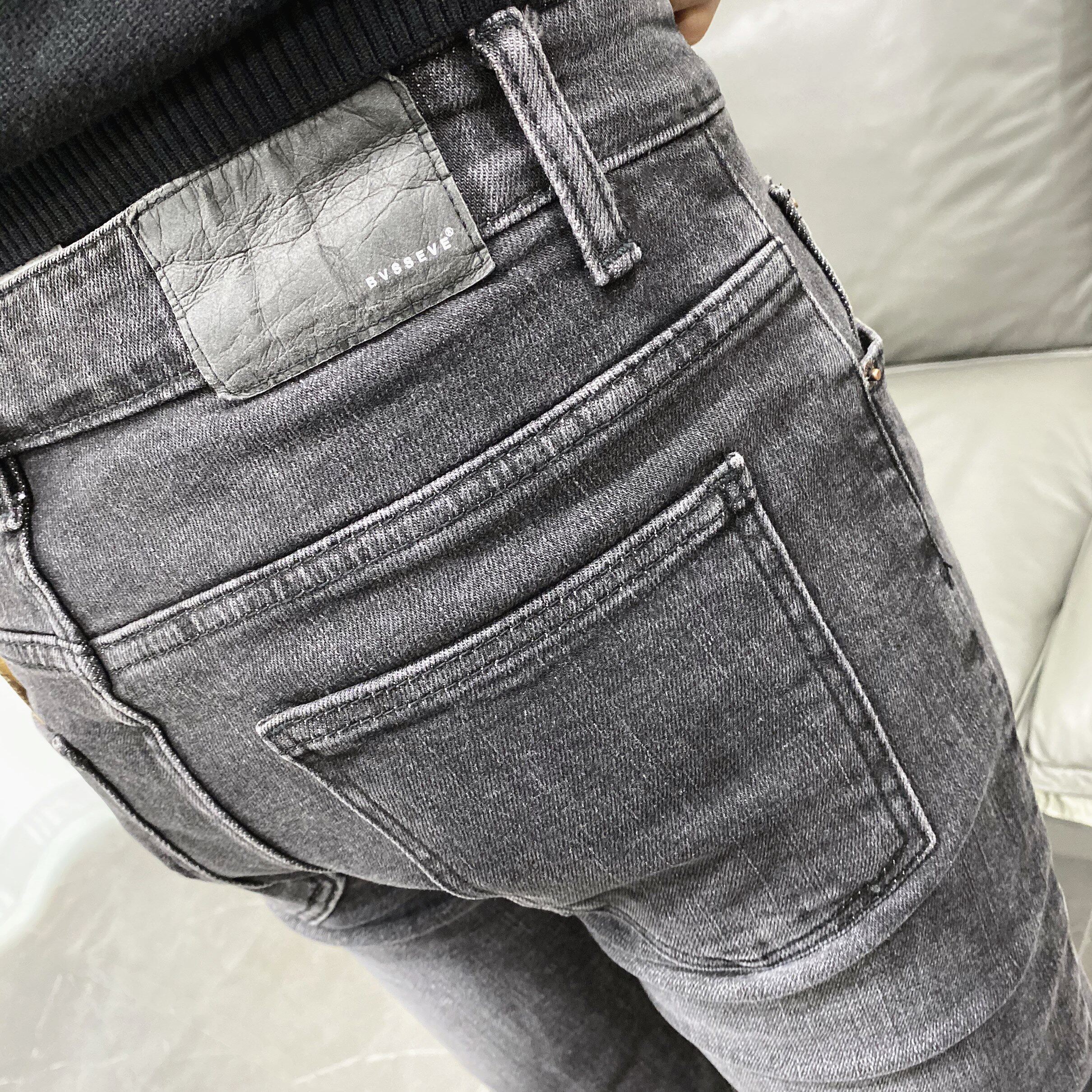 烟灰灰色时尚猫须水洗修身小脚九分牛仔裤男潮牛仔裤