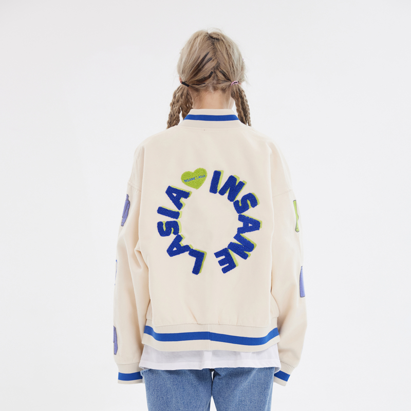 INSNLASIA 21AW原创款式爱心棒球服夹克潮牌男女嘻哈绣花毛呢外套