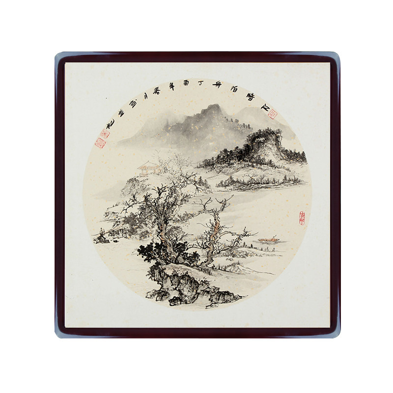 原创国画手绘山水画斗方小品圆形字画实木木框国画