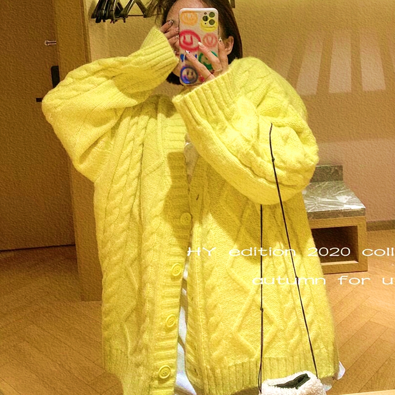 韩版21秋冬厚款针织开衫宽松慵懒风V领长袖中长款麻花毛衣外套女