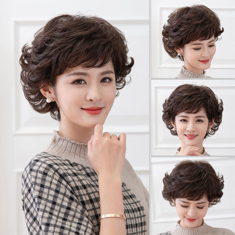 假发女短发全头套式自然蓬松妈妈短卷发真人发丝中老年真发假发套