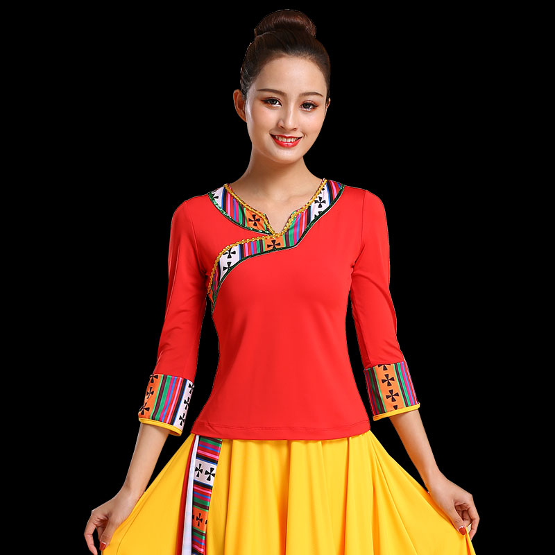 新款藏族舞蹈服装民族风女广场舞上衣藏式中袖喇叭袖短袖舞台演出
