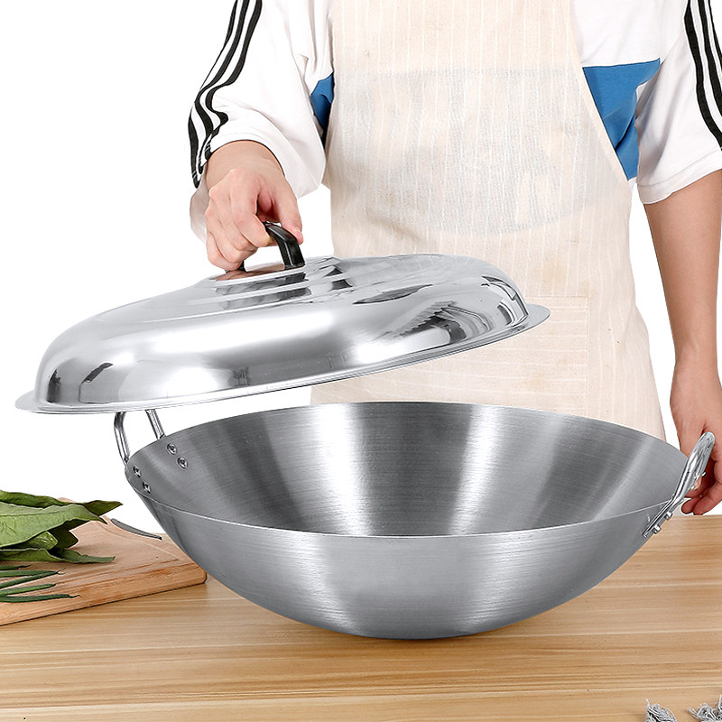 特厚不锈钢炒锅双耳圆底全钢商用厨房大锅燃气灶炒锅