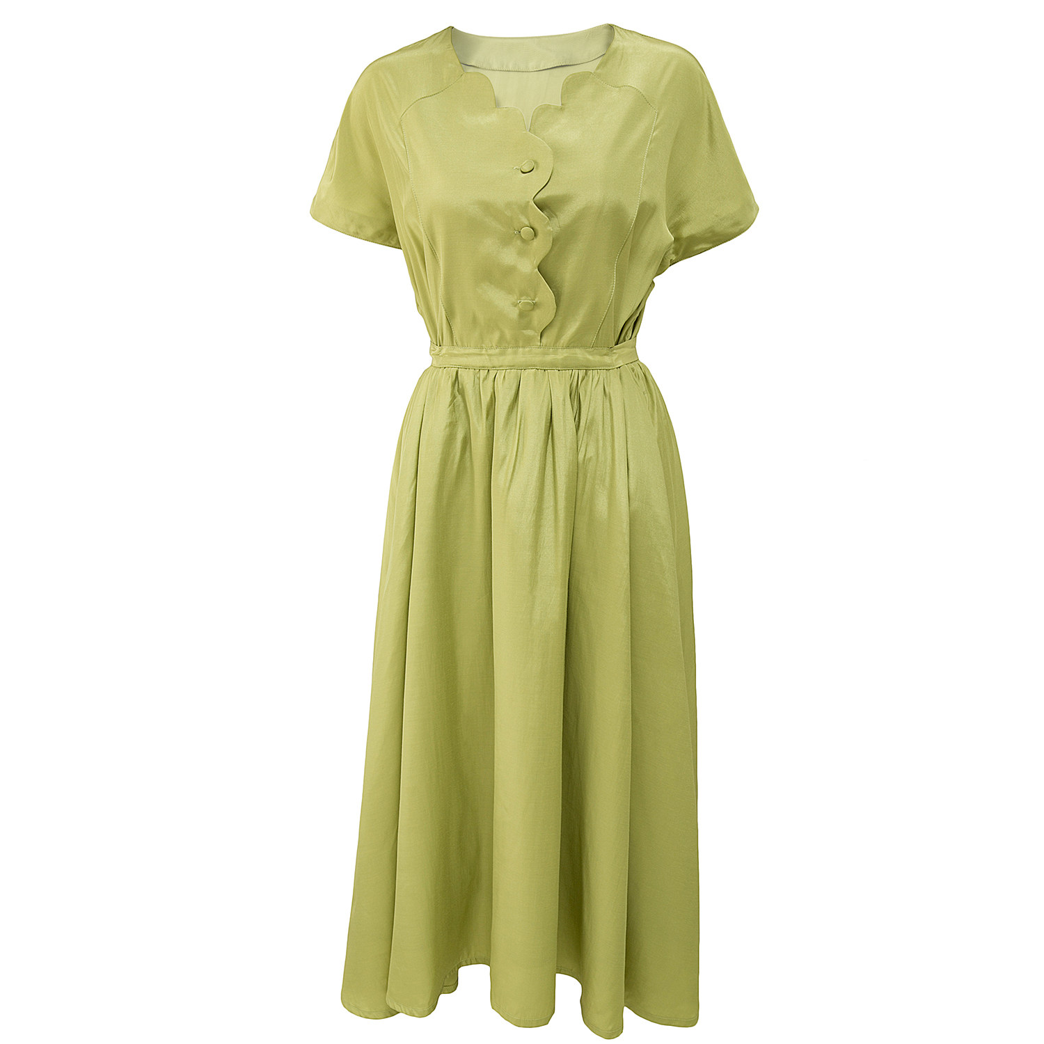 lave/萱草/牛油果绿连衣裙女夏花瓣领收腰显瘦法式复古抹茶绿长裙