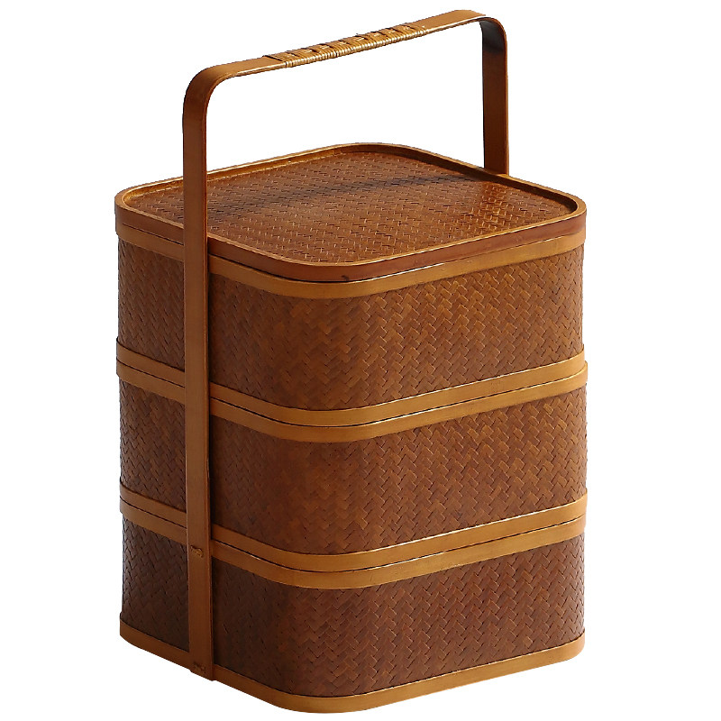 收纳日式竹编双层小食食盒提篮茶具碟子多层茶道