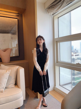 Xiaoxiaojia petite ຂະຫນາດນ້ອຍ Hepburn style velvet patchwork dress temperament V-neck ແອວສູງ skirt ແມ່ຍິງ 150xs