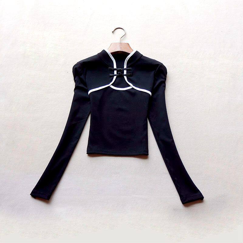 春秋旗袍恤女短款肚脐女露上衣女装空盘镂空t恤