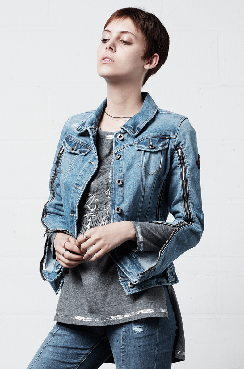 专柜正品ablejeans女士春夏水洗做旧修身拉链短外套