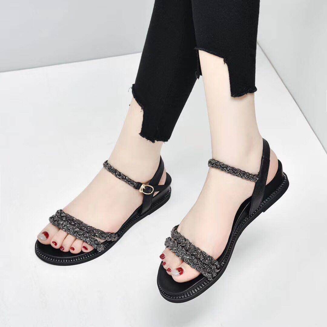 冰洁女鞋2020夏季新款真皮低跟平底时尚一字时装凉鞋