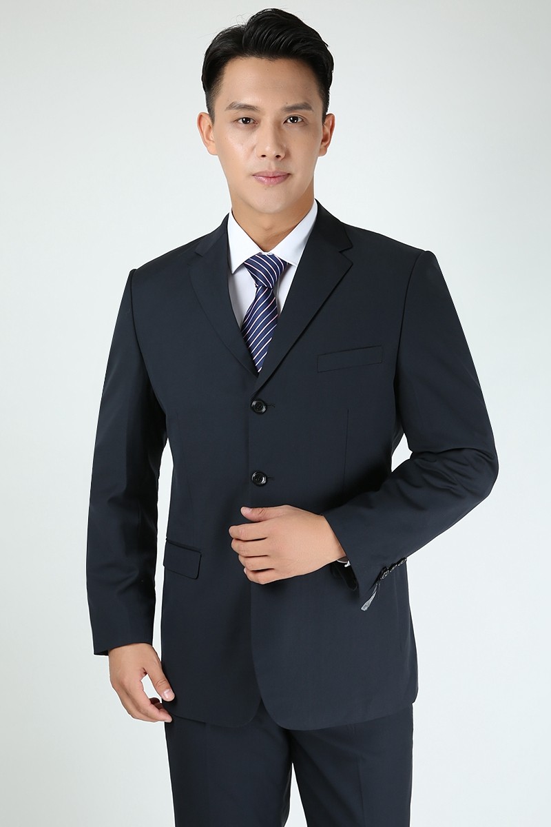 藏蓝蓝色三扣男西装套装中年商务休闲正装职业装西服套装