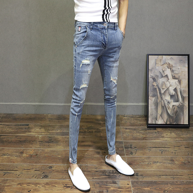 2020新款精神小伙修身小脚牛仔裤男韩版社会破洞显瘦九分裤男潮流