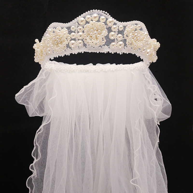 2021新款新娘圆形钉珠皇冠头纱一体王冠头饰发饰