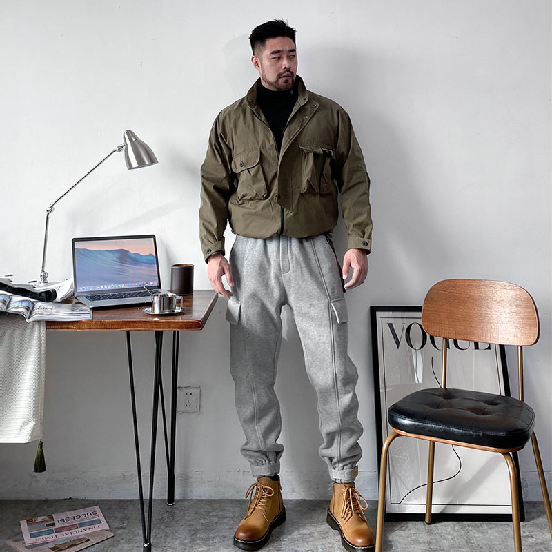 杨相佑冬季加厚工装针织裤男美式宽松束脚多口袋休闲帅气九分裤