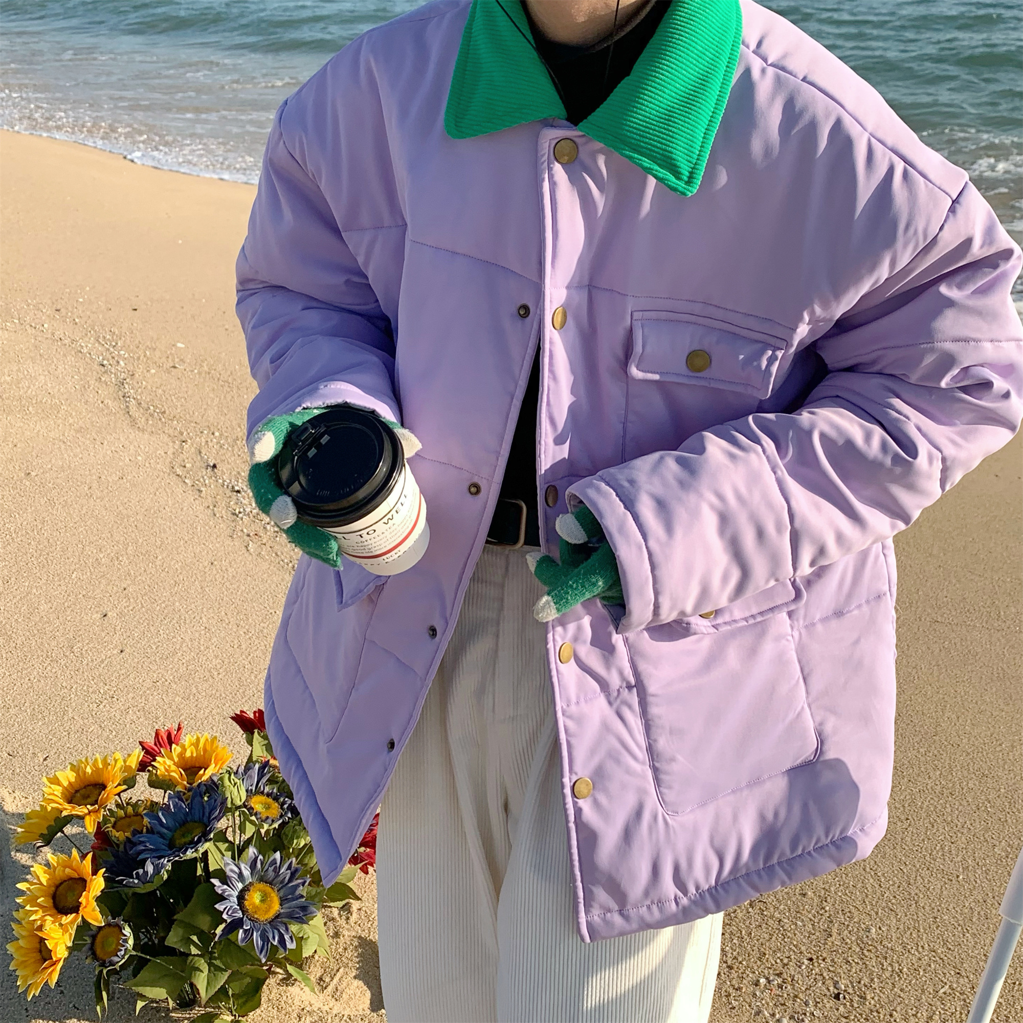 C2自制/港风复古紫色棉服冬季新款宽松休闲加厚小众无性别外套ins