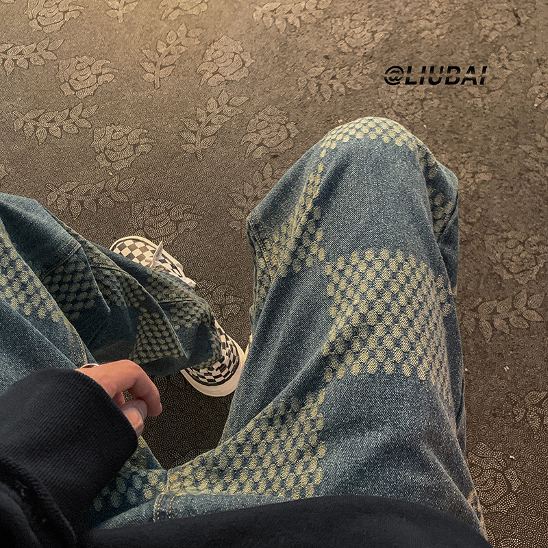 格子直筒牛仔裤男夏季ins潮牌美式vibe炸街阔腿宽松百搭休闲长裤