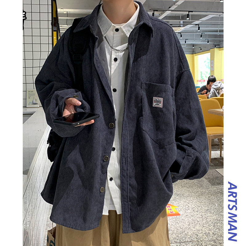 灯芯绒外套男港风日系ins潮牌春秋宽松加绒衬衣韩版百搭长袖衬衫