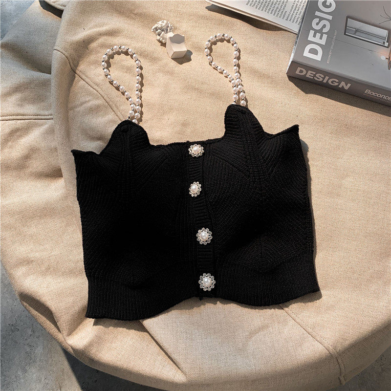 珍珠肩带黑色针织吊带背心女夏外穿内搭短款背心吊带