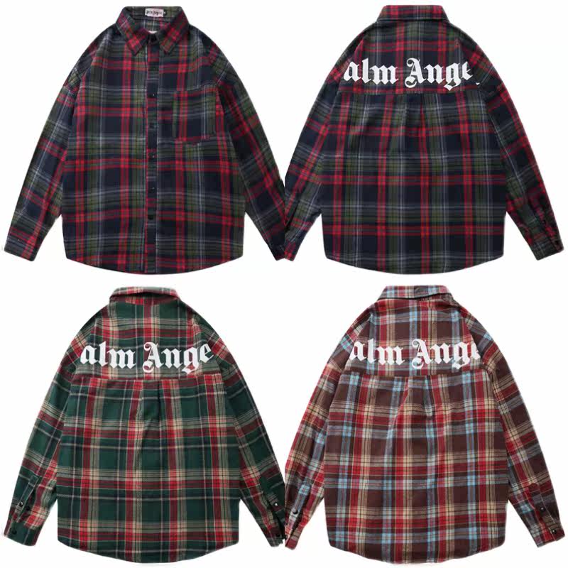 高街潮牌palm棕榈天使angels字母纯棉休闲格子衬衫