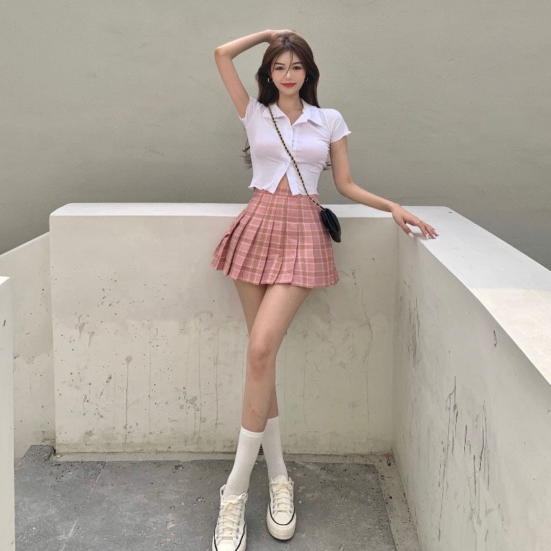 学生甜美走光辣妹短裙清新百褶裙jk裙格半身半身裙