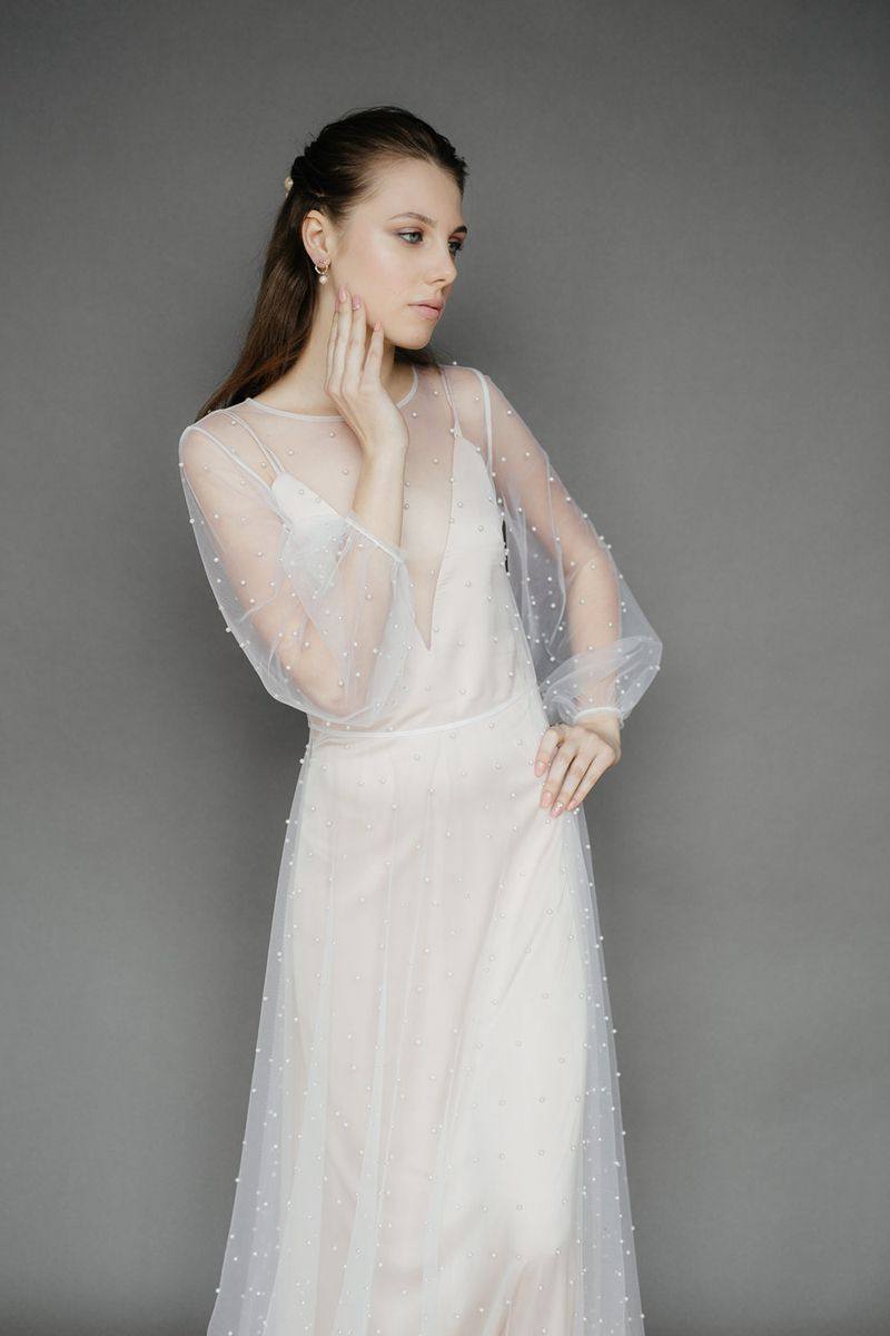 珍珠长袖超仙海边旅拍轻纱写真出门草坪婚礼婚纱