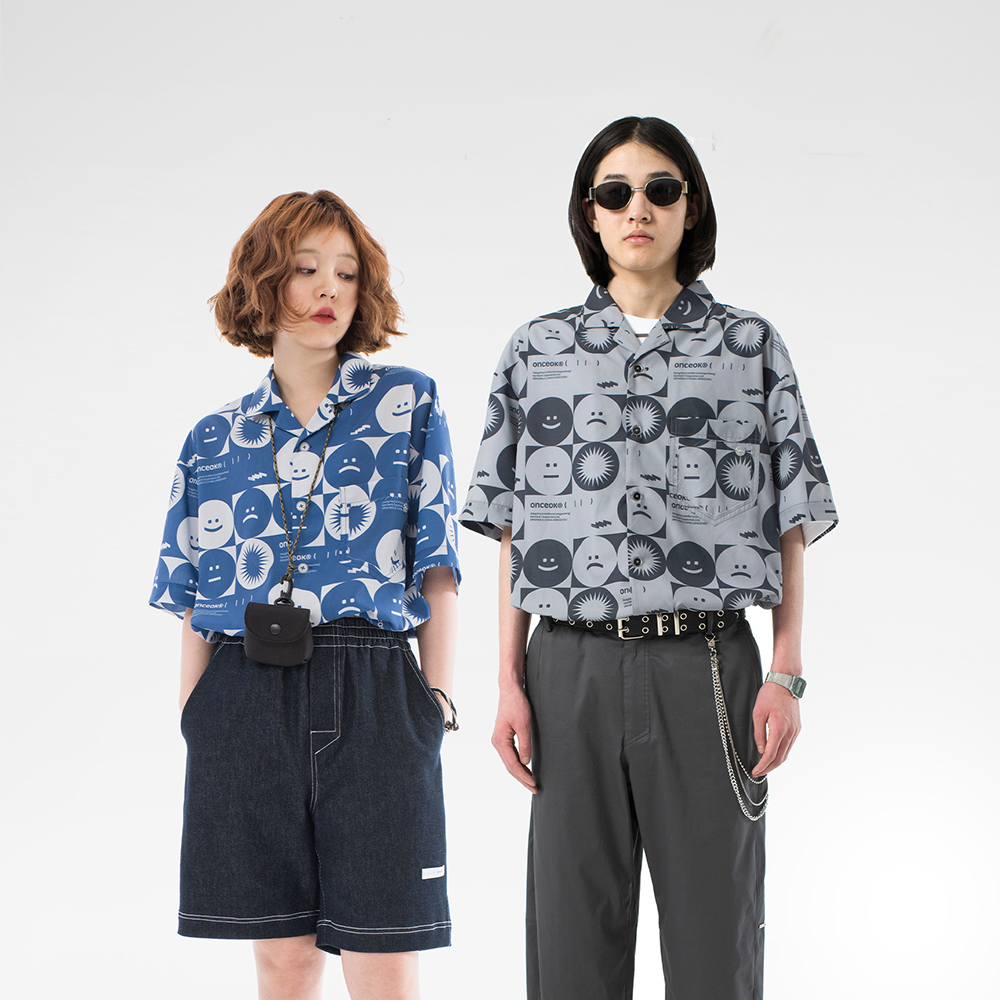 玩樂局Onceok热带度假风表情符满印清凉情侣上衣花式可爱短袖衬衫