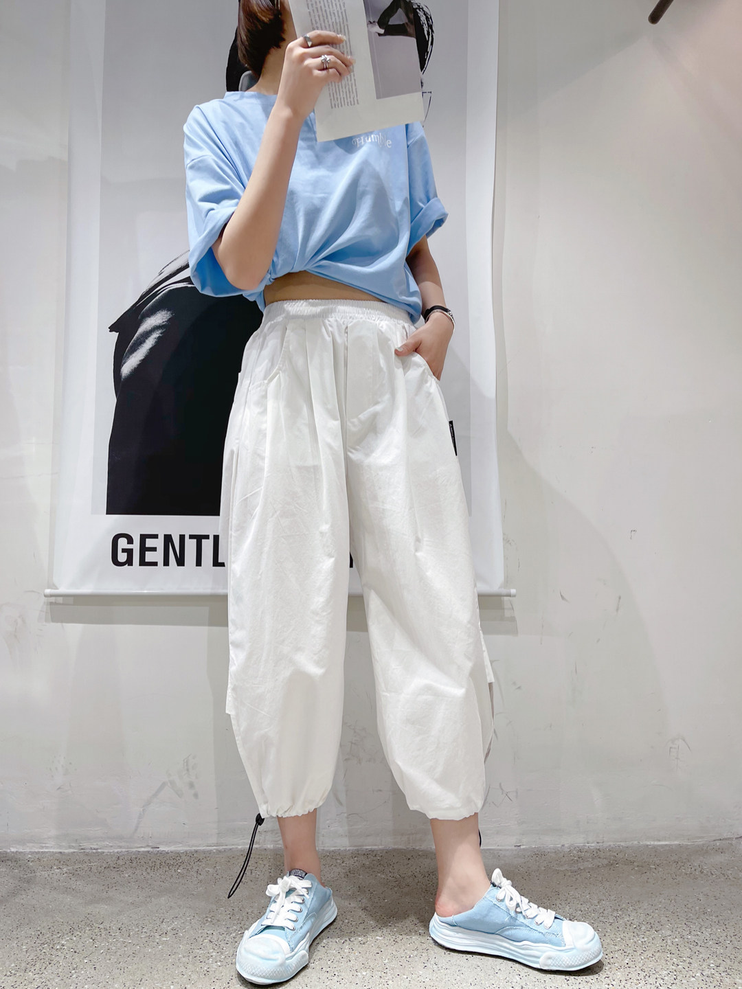 松紧白色休闲裤子女夏季超薄款阔腿显八分灯笼裤休闲裤