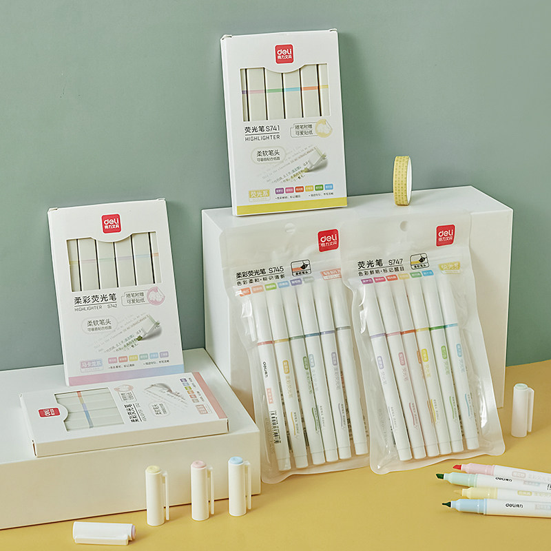 得力护眼荧光笔学生软头彩色记号重点标记大容量荧光笔