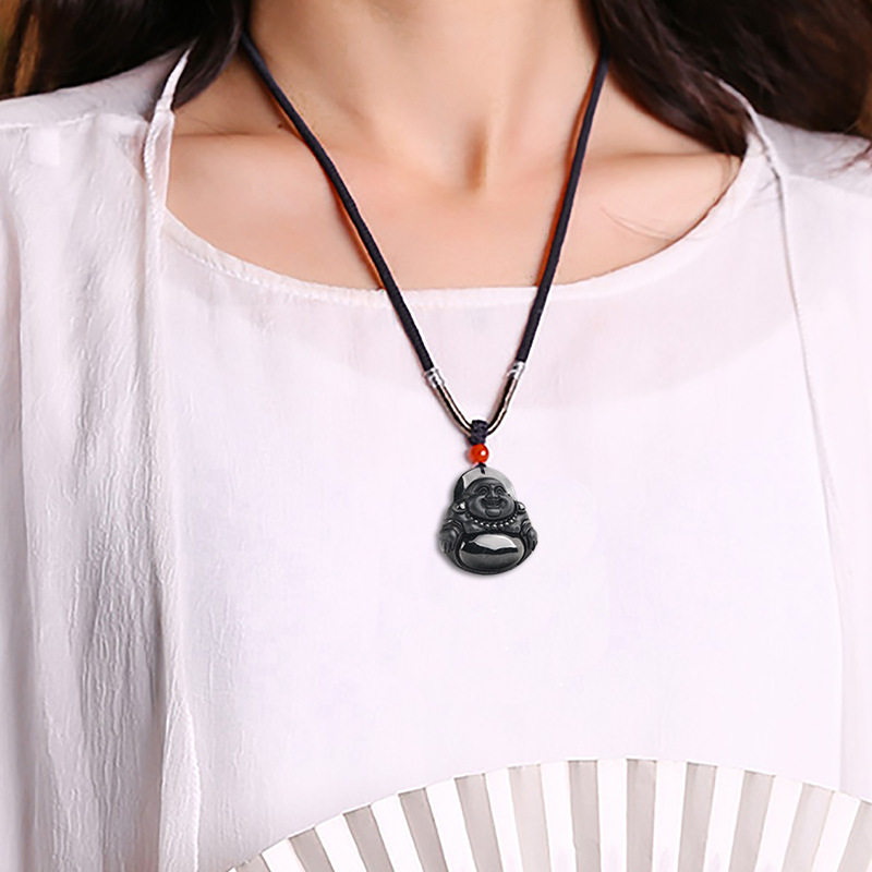 天然正品缅甸翡翠墨翠佛公弥勒吊坠冰种玉石项坠