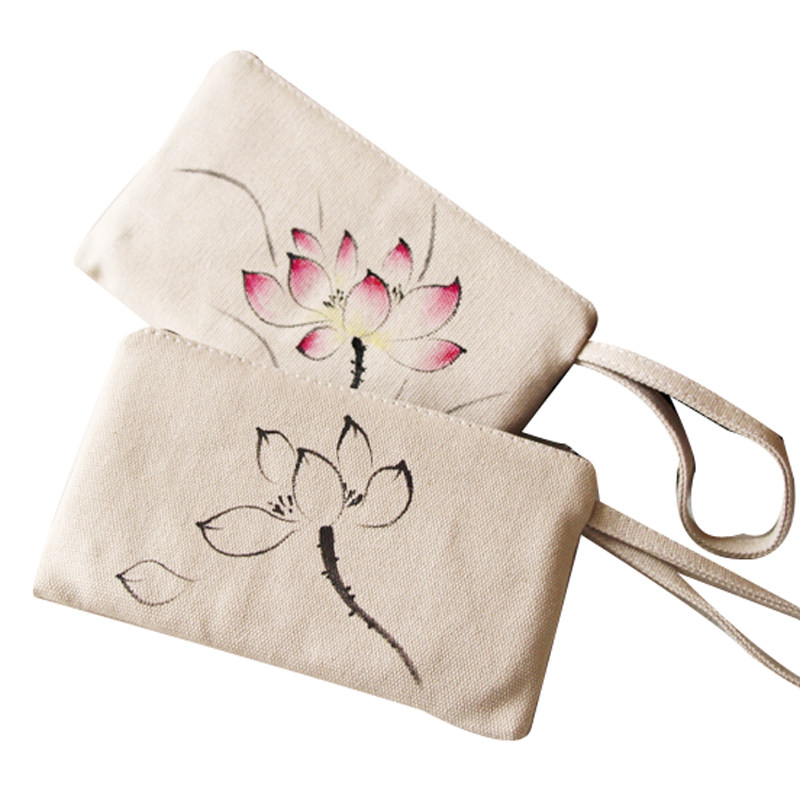 原创古风手绘布包棉麻清新国画荷花莲花手机手机包