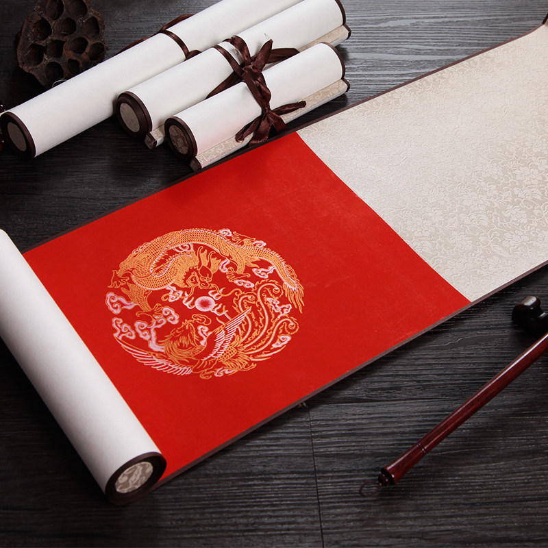万年红蜡染彩绘空白挂轴龙凤七言对联春联卷轴宣纸