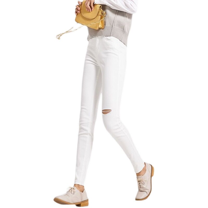 sp68中腰膝盖脚口破洞小脚牛仔裤女士白色裤子牛仔裤