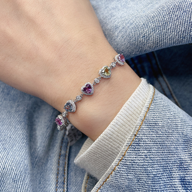 缘彩珠宝3克拉无烧心形彩色蓝宝石手链18k金钻石手镯粉红蓝绿色