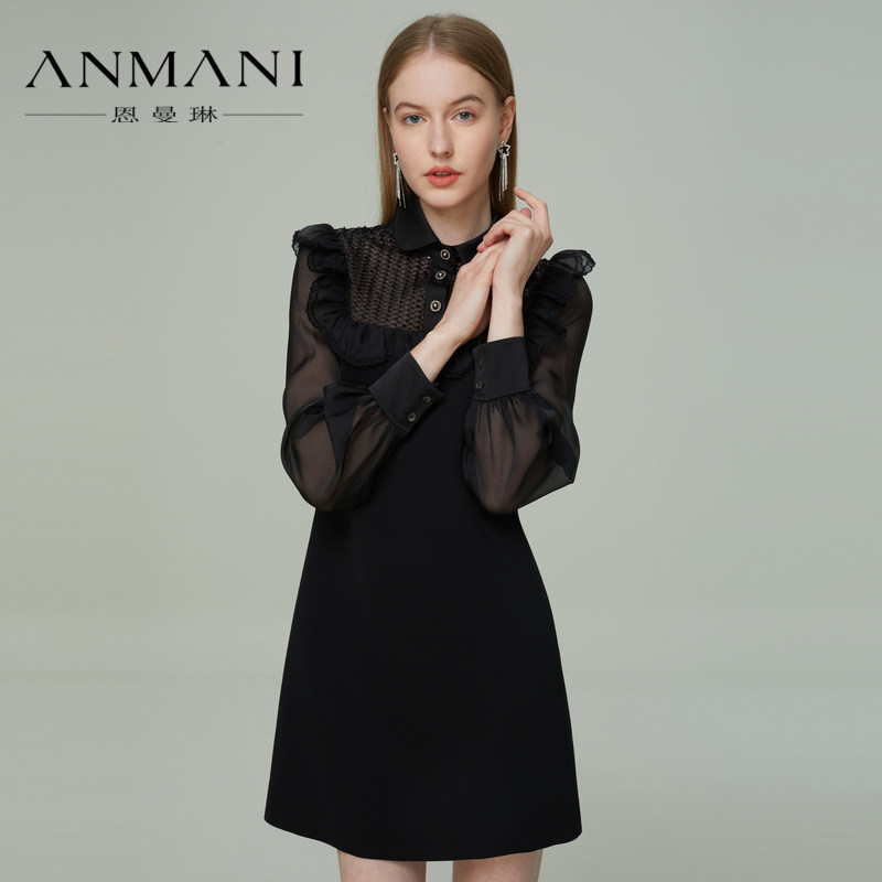 anmani恩曼琳21秋新娃娃领花边网纱透视亮片长袖女连衣裙eanbaa25