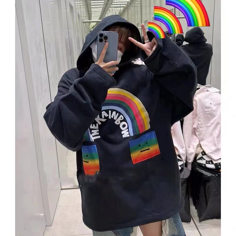 瑞典ac2022年秋彩虹字母笑脸印花宽松休闲连帽卫衣
