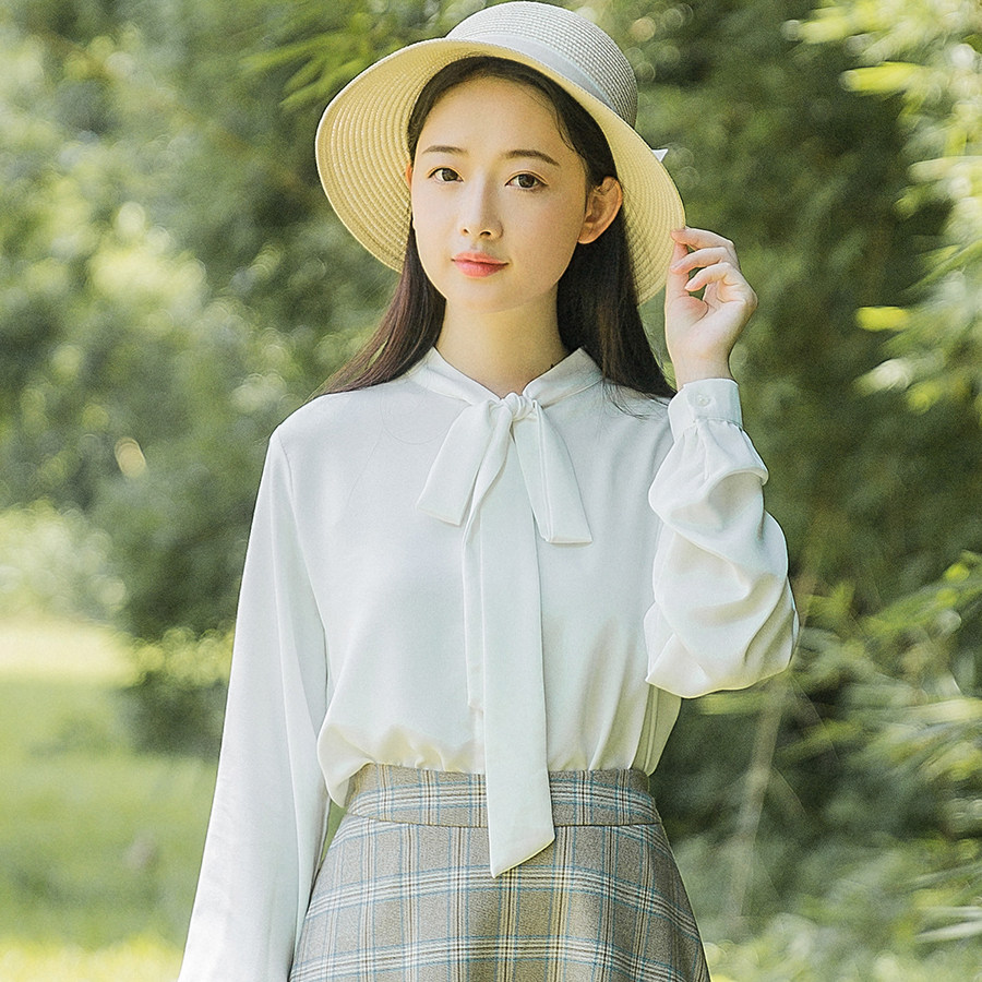 小清衬衫雪纺领结系带长袖女秋新文艺白衬衫飘带衬衫