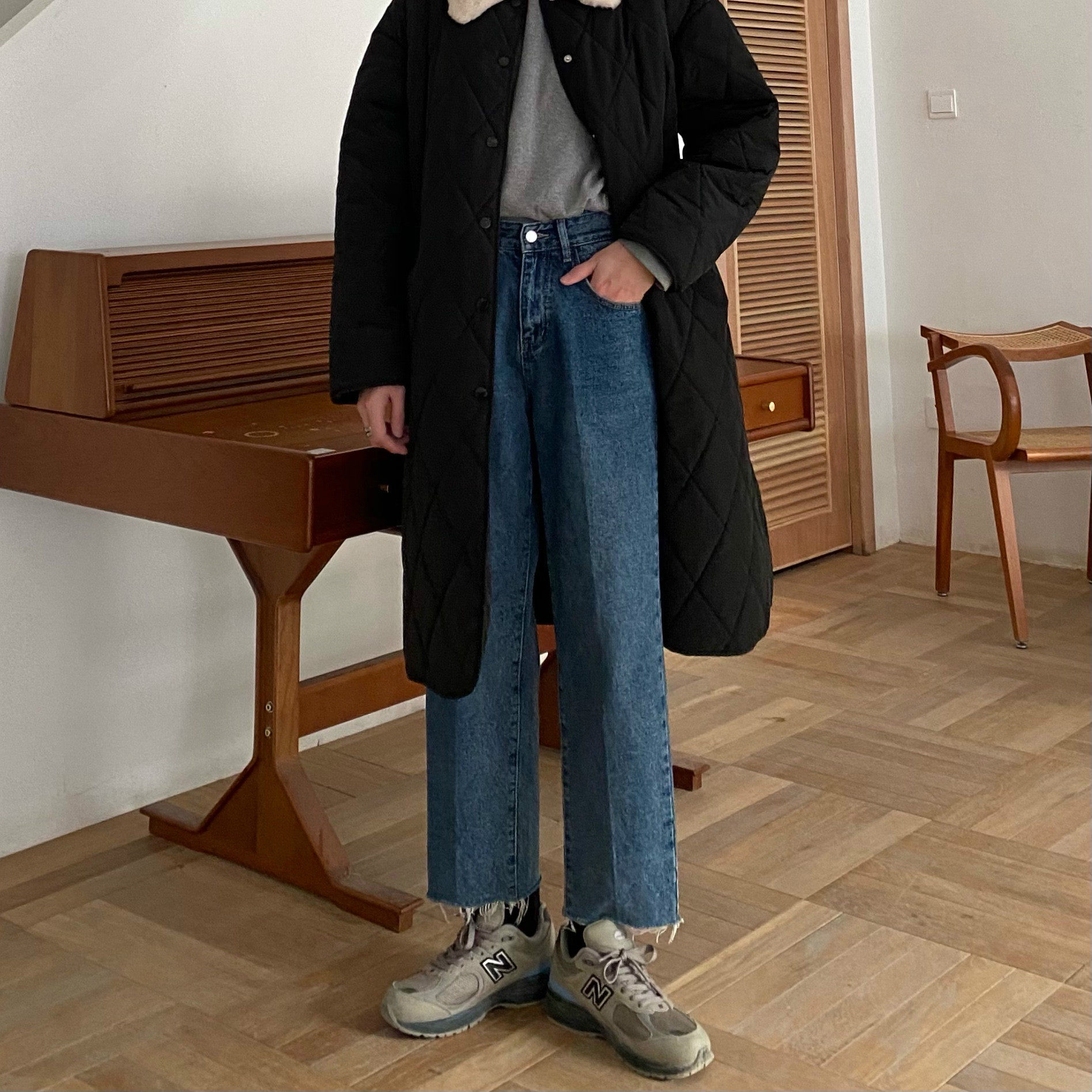 jmhomme毛边牛仔裤秋冬港风复古阔腿宽松直筒牛仔裤