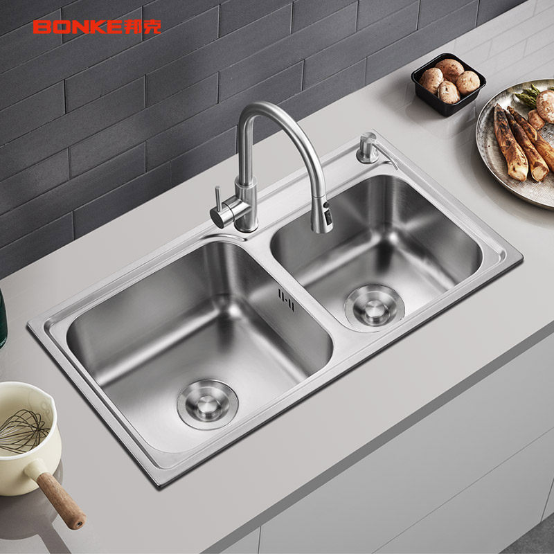 邦克sus304不锈钢水槽双槽拉伸台下加厚洗碗池家用水槽套餐
